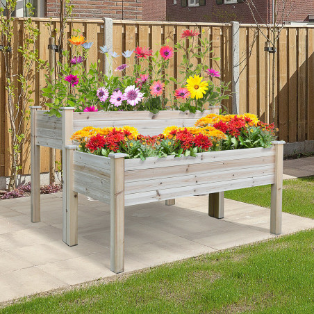 Outdoor/Indoor Elevated Backyard Plant Box w/ 2 Compartments & Solid Wood Design